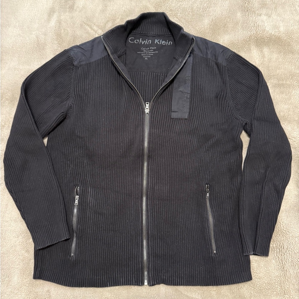 Calvin Klein Black Zip Up Sweater with Textured Fabric